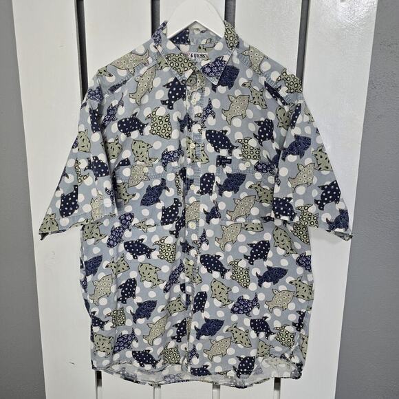 Guess Blue Fish Polka Dot Button Up VTG Shirt Med USA Travel Camp Vacation Retro - Picture 2 of 8